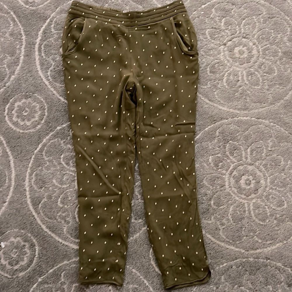 Anthropologie Elevenses Olive Green Goldform Pant Size 10 Pull on Crop Embroider